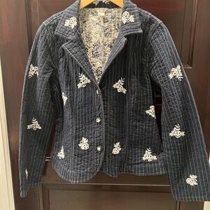 Christopher & Banks Dark Blue Quilted Blazer with White Floral Embroidery